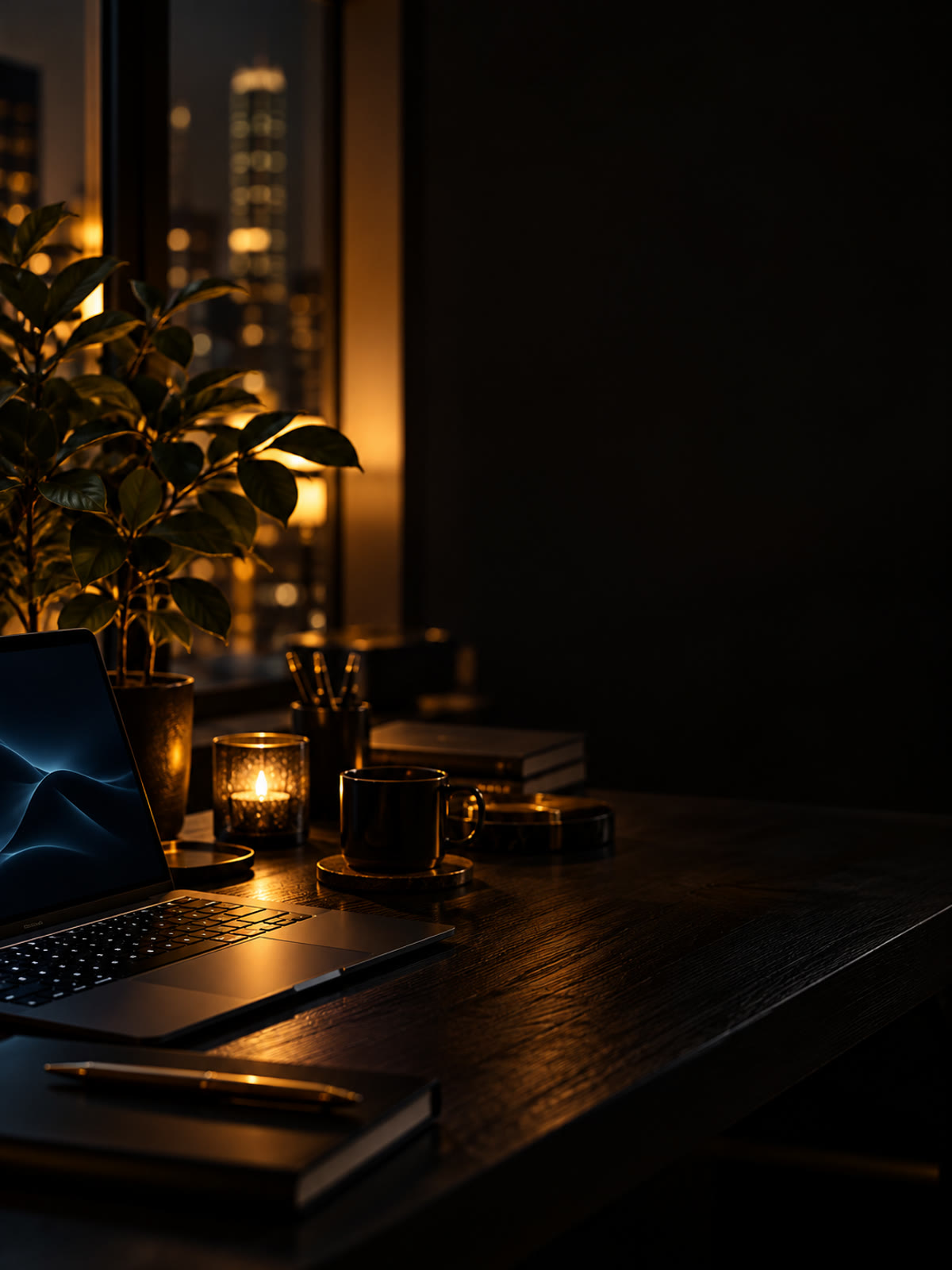مكتب ليلي ولابتوب ونبات بإضاءة سينمائية دافئة